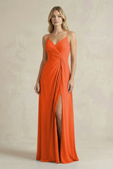 Sheath Cami Strap Ruched Chiffon Bridesmaid Dress in Cinnamon | KISSBRIDAL