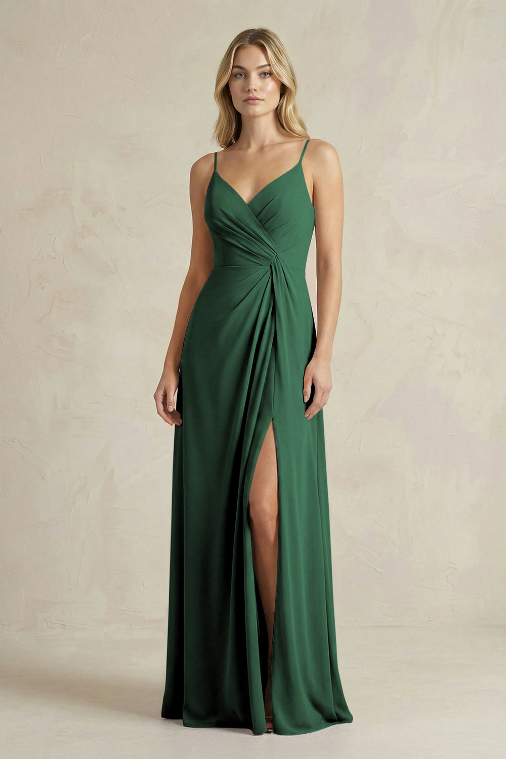 Sheath Cami Strap Ruched Chiffon Bridesmaid Dress in Dark Green