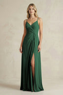 Sheath Cami Strap Ruched Chiffon Bridesmaid Dress in Dark Green | KISSBRIDAL