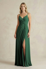 Sheath Cami Strap Ruched Chiffon Bridesmaid Dress in Dark Green | KISSBRIDAL