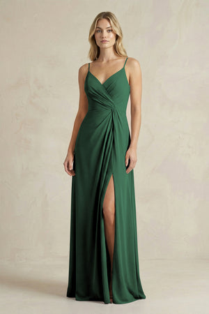 Sheath Cami Strap Ruched Chiffon Bridesmaid Dress in Dark Green | KISSBRIDAL