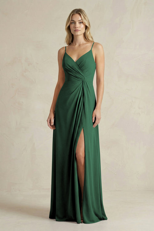Sheath Cami Strap Ruched Chiffon Bridesmaid Dress in Dark Green | KISSBRIDAL