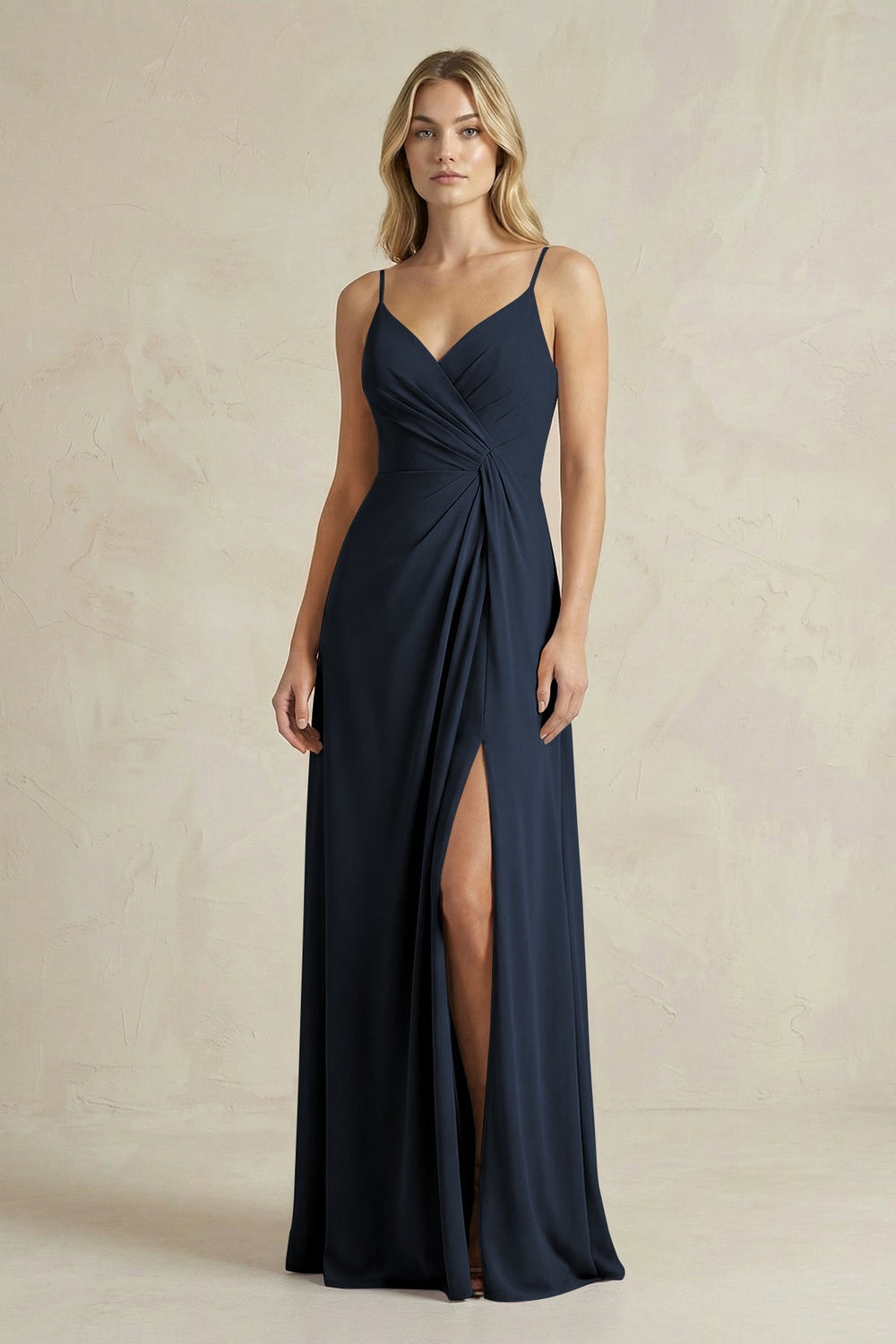 Sheath Cami Strap Ruched Chiffon Bridesmaid Dress in Dark Navy - KISS BRIDAL Bridesmaid Dresses