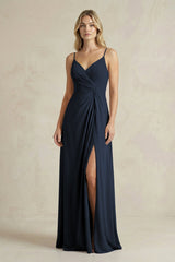 Sheath Cami Strap Ruched Chiffon Bridesmaid Dress in Dark Navy - KISS BRIDAL Bridesmaid Dresses