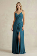 Sheath Cami Strap Ruched Chiffon Bridesmaid Dress in Dark Teal - SHE IS ME Bridesmaid Dresses