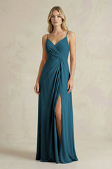 Sheath Cami Strap Ruched Chiffon Bridesmaid Dress in Dark Teal - KISS BRIDAL Bridesmaid Dresses