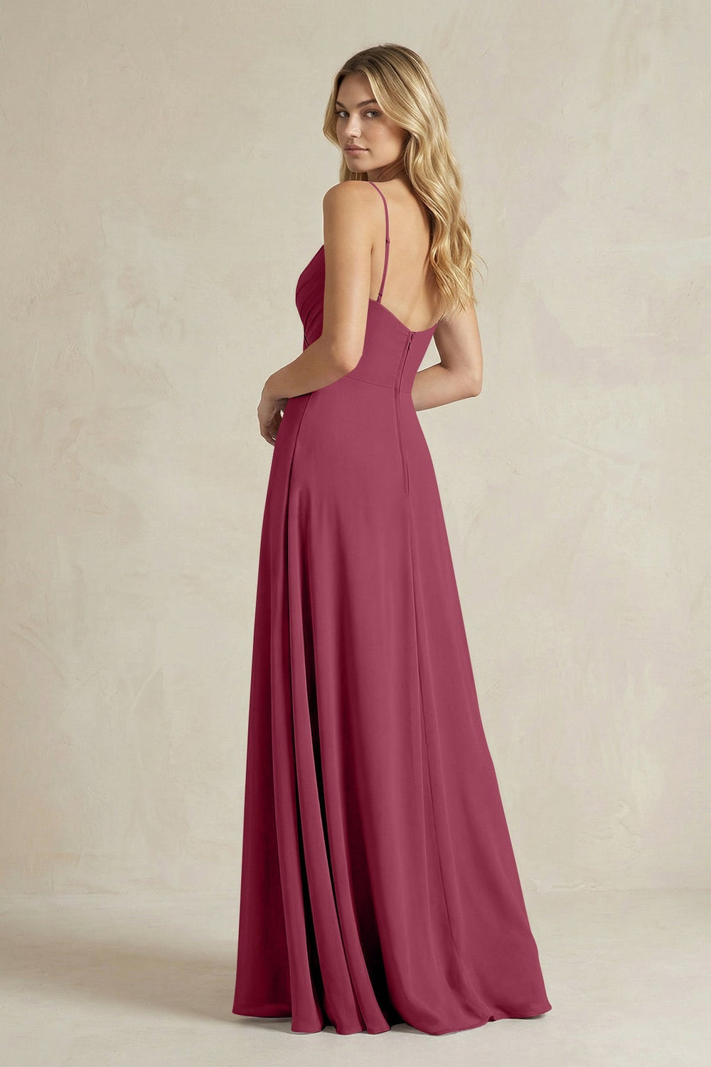 Sheath Cami Strap Ruched Chiffon Bridesmaid Dress in Desert Rose - KISS BRIDAL Bridesmaid Dresses