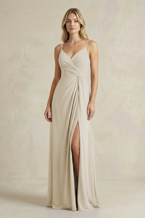 Sheath Cami Strap Ruched Chiffon Bridesmaid Dress in Dove Gray - SHE IS ME Bridesmaid Dresses