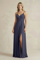 Sheath Cami Strap Ruched Chiffon Bridesmaid Dress in Dusk Blue - KISS BRIDAL Bridesmaid Dresses