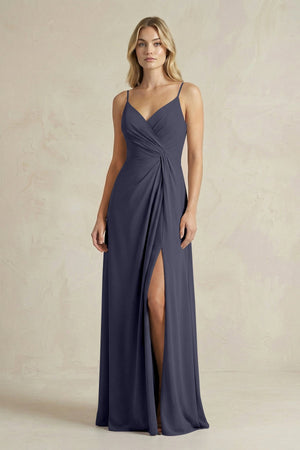 Sheath Cami Strap Ruched Chiffon Bridesmaid Dress in Dusk Blue - SHE IS ME Bridesmaid Dresses