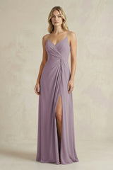 Sheath Cami Strap Ruched Chiffon Bridesmaid Dress in Dusk | KISSBRIDAL
