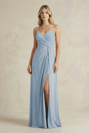 Sheath Cami Strap Ruched Chiffon Bridesmaid Dress in Dusty Blue - SHE IS ME Bridesmaid Dresses