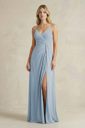Sheath Cami Strap Ruched Chiffon Bridesmaid Dress in Dusty Blue - SHE IS ME Bridesmaid Dresses