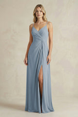 Sheath Cami Strap Ruched Chiffon Bridesmaid Dress in Dusty Blue | KISSBRIDAL