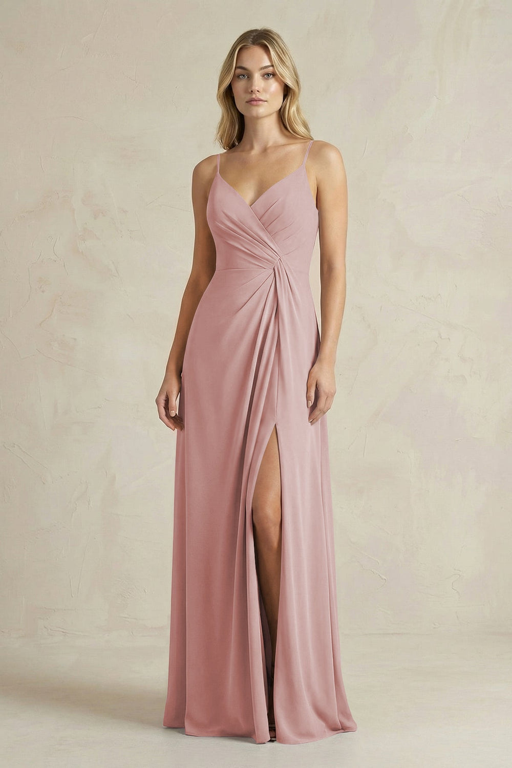 Sheath Cami Strap Ruched Chiffon Bridesmaid Dress in Dusty Rose - KISS BRIDAL Bridesmaid Dresses