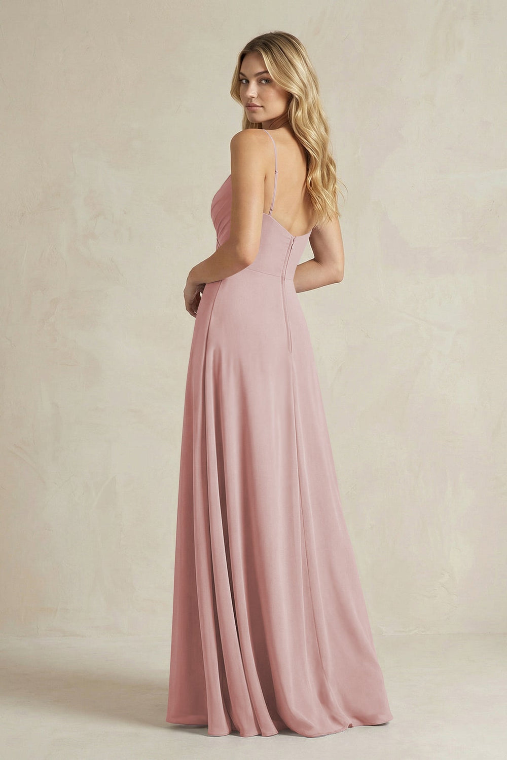 Sheath Cami Strap Ruched Chiffon Bridesmaid Dress in Dusty Rose - KISS BRIDAL Bridesmaid Dresses