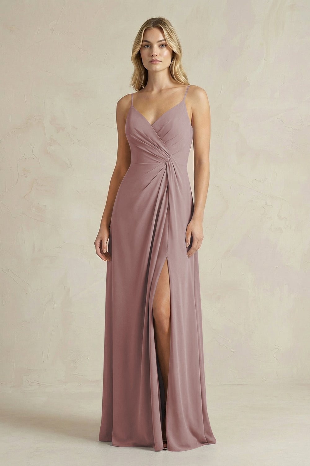 Sheath Cami Strap Ruched Chiffon Bridesmaid Dress in Dusty Rose
