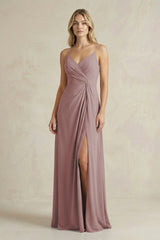 Sheath Cami Strap Ruched Chiffon Bridesmaid Dress in Dusty Rose | KISSBRIDAL