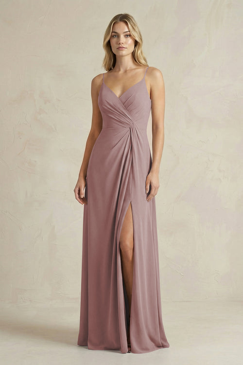 Sheath Cami Strap Ruched Chiffon Bridesmaid Dress in Dusty Rose | KISSBRIDAL