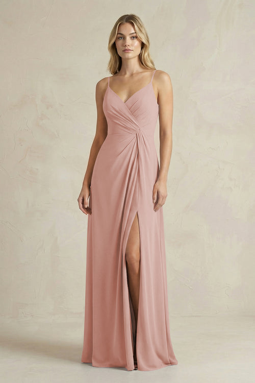 Sheath Cami Strap Ruched Chiffon Bridesmaid Dress in English Rose | KISSBRIDAL
