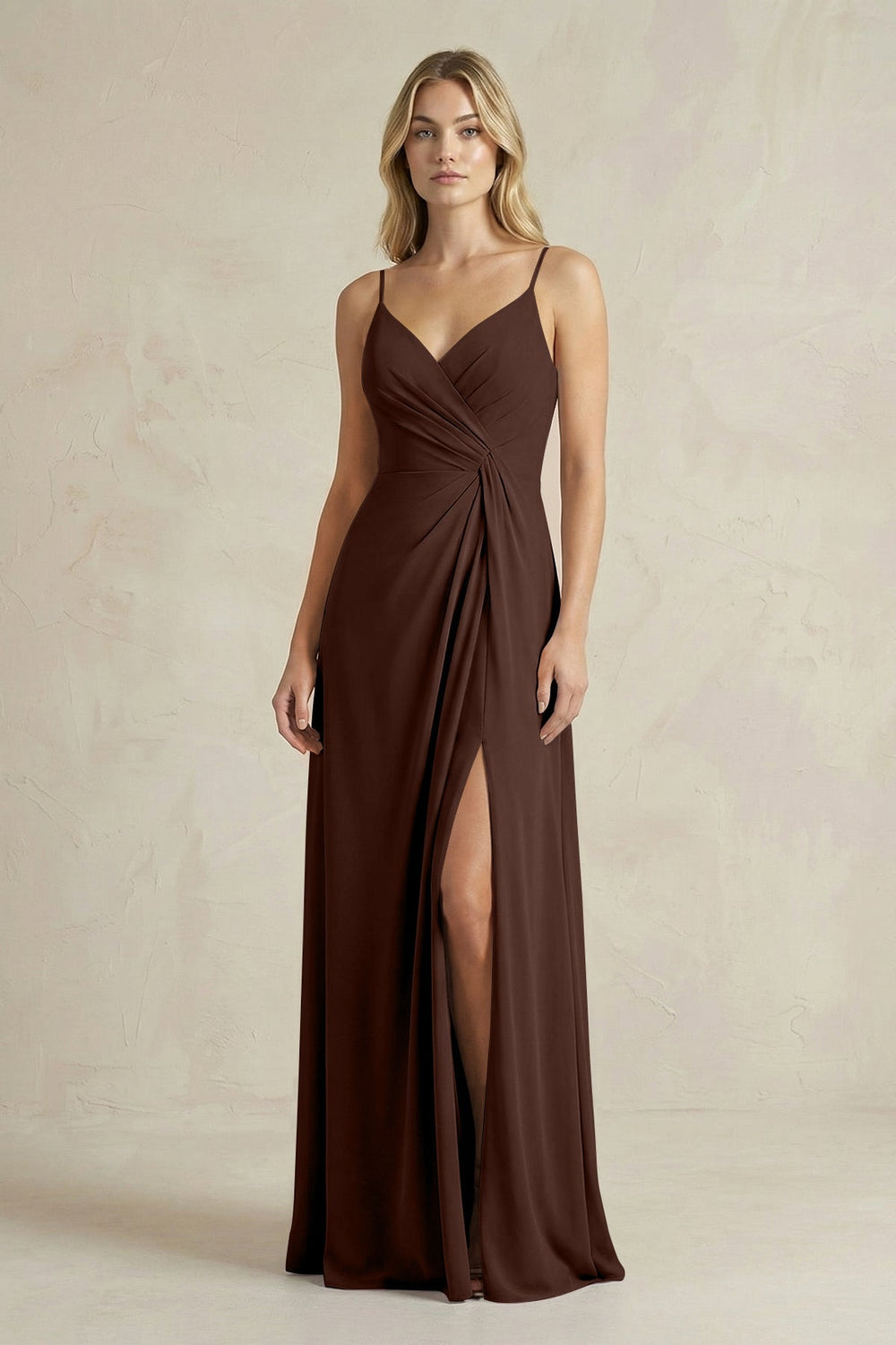 Sheath Cami Strap Ruched Chiffon Bridesmaid Dress in Espresso - KISS BRIDAL Bridesmaid Dresses