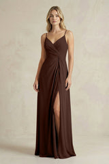 Sheath Cami Strap Ruched Chiffon Bridesmaid Dress in Espresso - KISS BRIDAL Bridesmaid Dresses