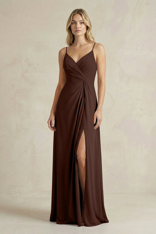Sheath Cami Strap Ruched Chiffon Bridesmaid Dress in Espresso - SHE IS ME Bridesmaid Dresses