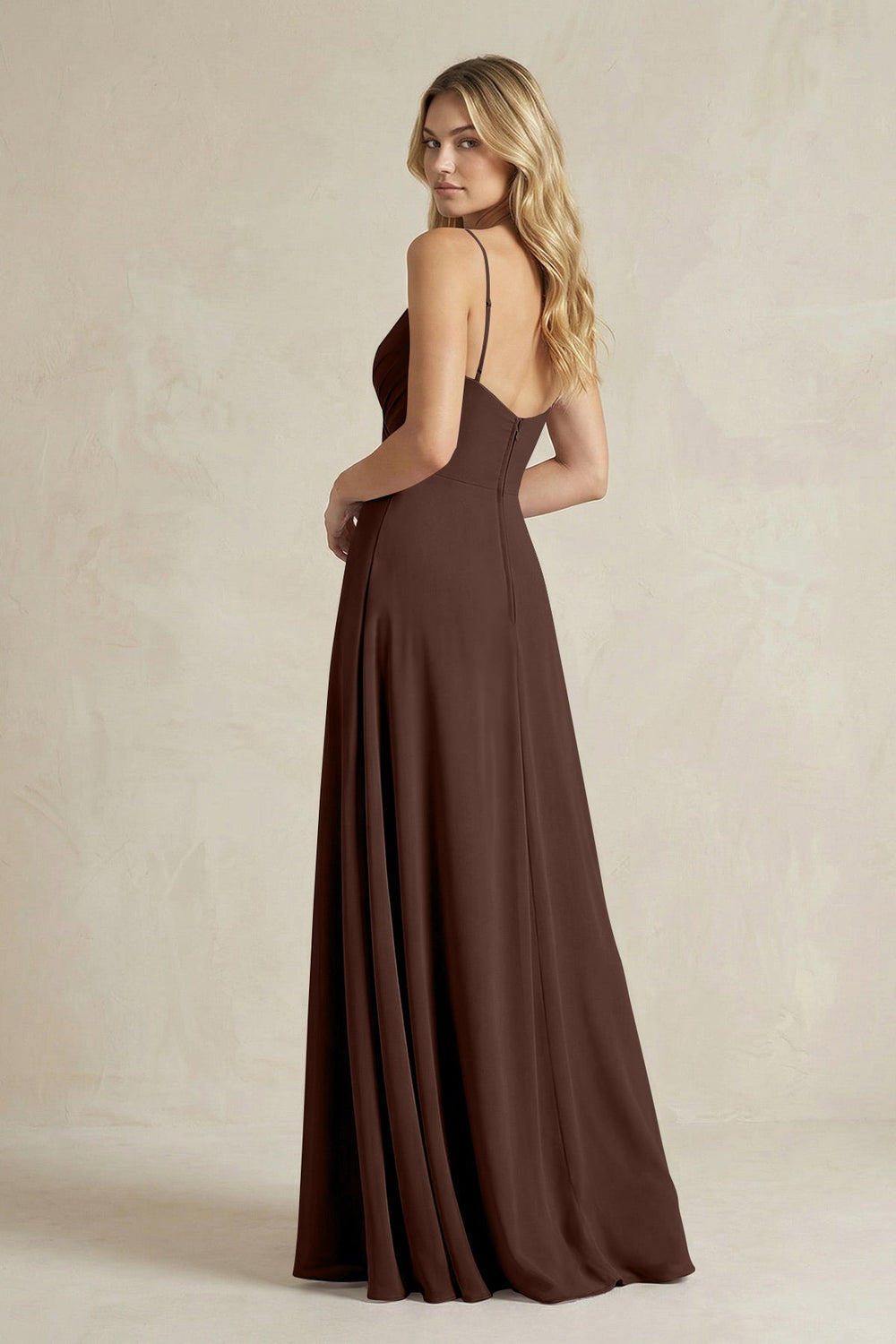 Sheath Cami Strap Ruched Chiffon Bridesmaid Dress in Espresso - KISS BRIDAL Bridesmaid Dresses