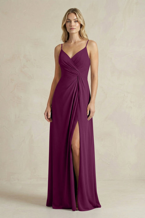 Sheath Cami Strap Ruched Chiffon Bridesmaid Dress in Fig - SHE IS ME Bridesmaid Dresses