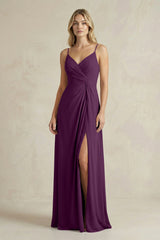Sheath Cami Strap Ruched Chiffon Bridesmaid Dress in Fig | KISSBRIDAL