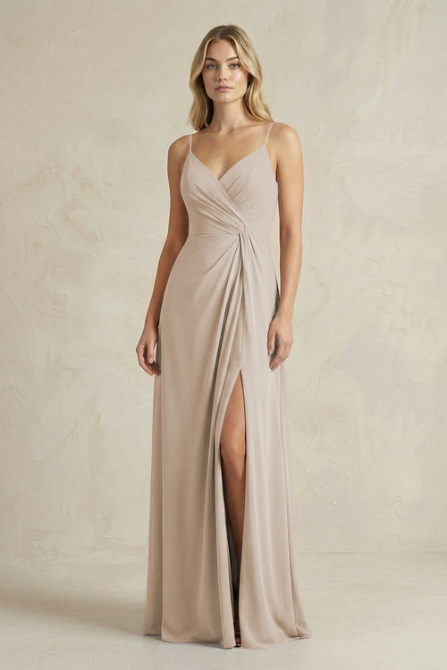 Sheath Cami Strap Ruched Chiffon Bridesmaid Dress in Frost - SHE IS ME Bridesmaid Dresses