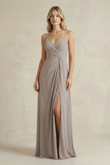 Sheath Cami Strap Ruched Chiffon Bridesmaid Dress in Frost | KISSBRIDAL