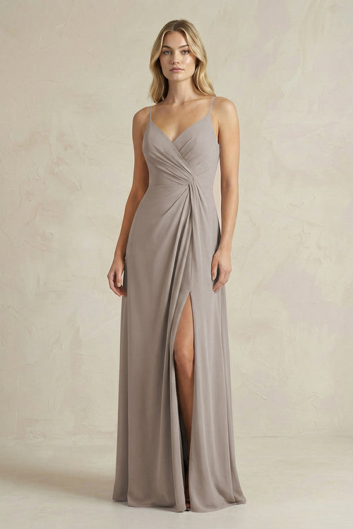 Sheath Cami Strap Ruched Chiffon Bridesmaid Dress in Frost | KISSBRIDAL