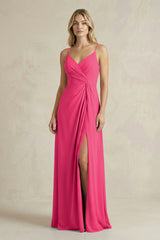 Sheath Cami Strap Ruched Chiffon Bridesmaid Dress in Fuchsia | KISSBRIDAL