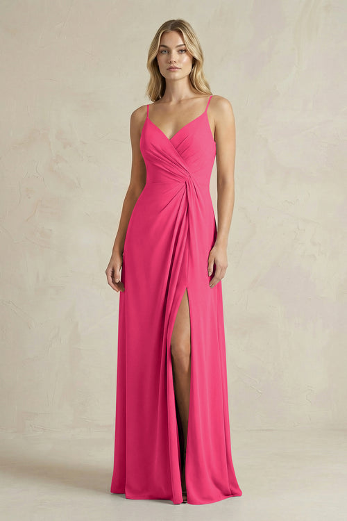 Sheath Cami Strap Ruched Chiffon Bridesmaid Dress in Fuchsia | KISSBRIDAL