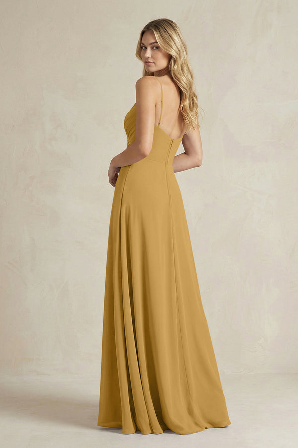Sheath Cami Strap Ruched Chiffon Bridesmaid Dress in Marigold (2) | KISSBRIDAL
