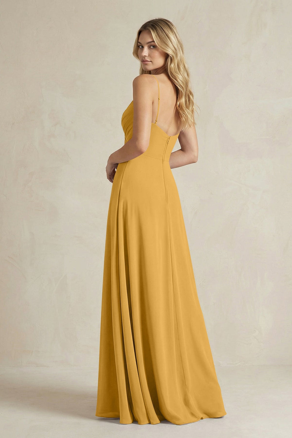Sheath Cami Strap Ruched Chiffon Bridesmaid Dress in Marigold - KISS BRIDAL Bridesmaid Dresses