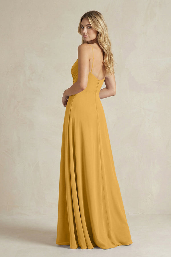 Sheath Cami Strap Ruched Chiffon Bridesmaid Dress in Marigold - SHE IS ME Bridesmaid Dresses