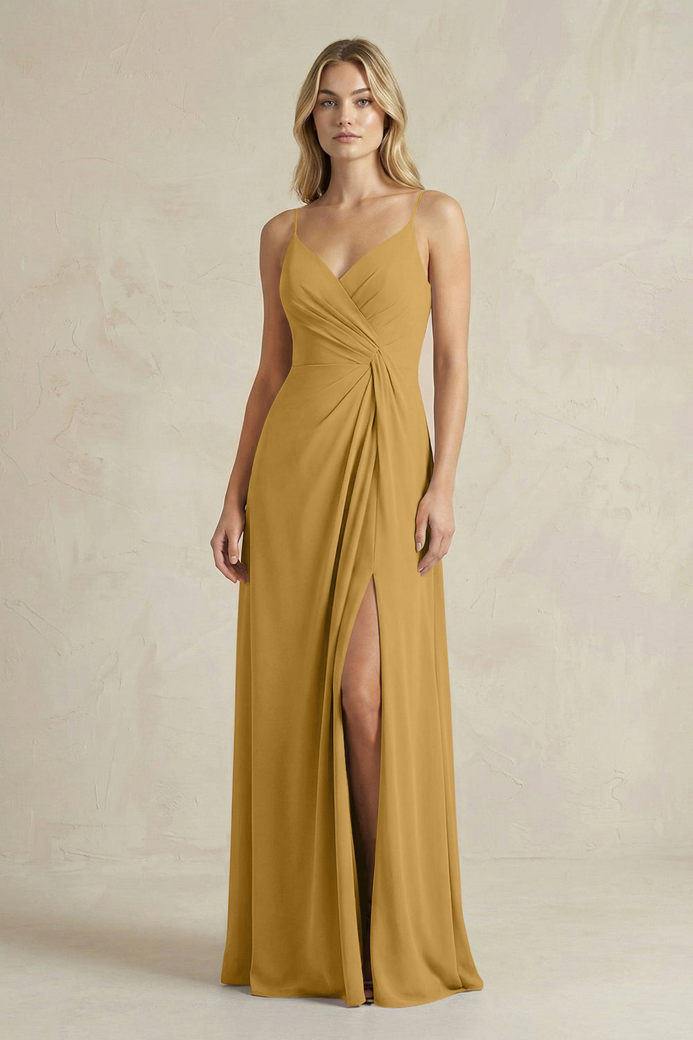 Sheath Cami Strap Ruched Chiffon Bridesmaid Dress in Marigold