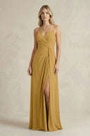 Sheath Cami Strap Ruched Chiffon Bridesmaid Dress in Marigold | KISSBRIDAL