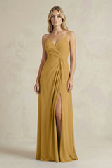 Sheath Cami Strap Ruched Chiffon Bridesmaid Dress in Marigold | KISSBRIDAL