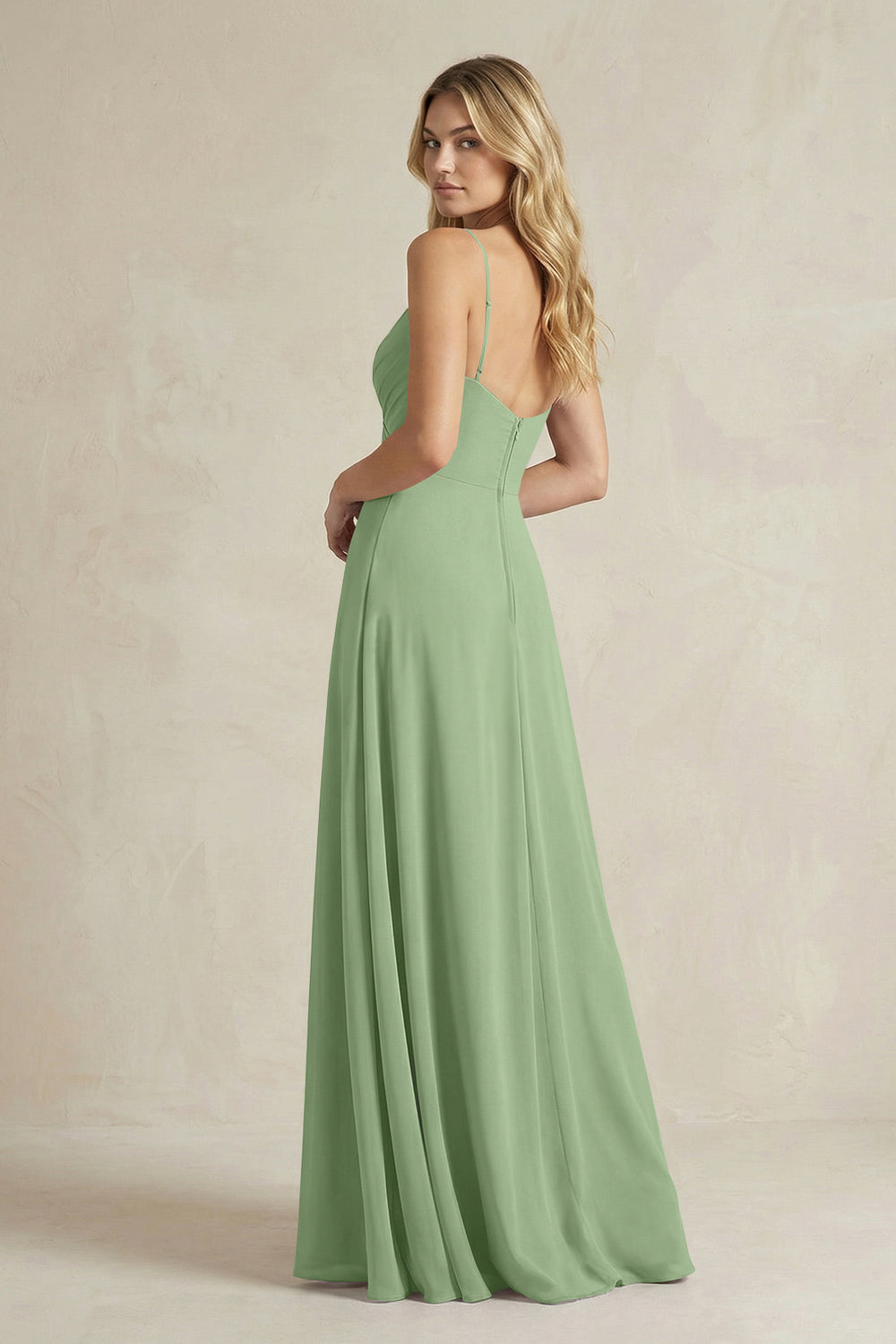 Sheath Cami Strap Ruched Chiffon Bridesmaid Dress in Matcha