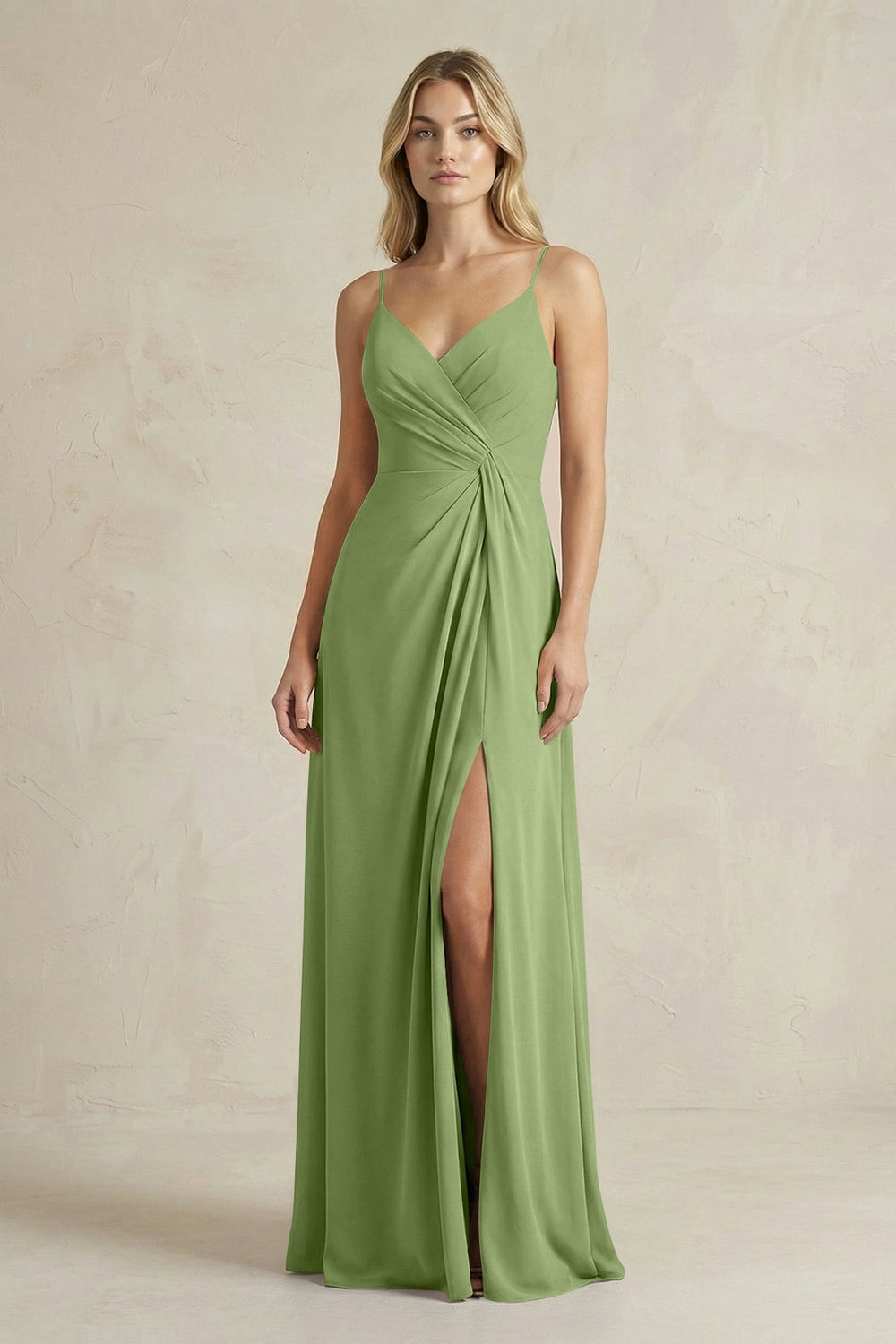 Sheath Cami Strap Ruched Chiffon Bridesmaid Dress in Matcha - KISS BRIDAL Bridesmaid Dresses