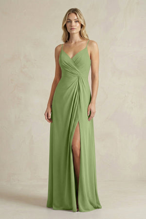 Sheath Cami Strap Ruched Chiffon Bridesmaid Dress in Matcha - SHE IS ME Bridesmaid Dresses