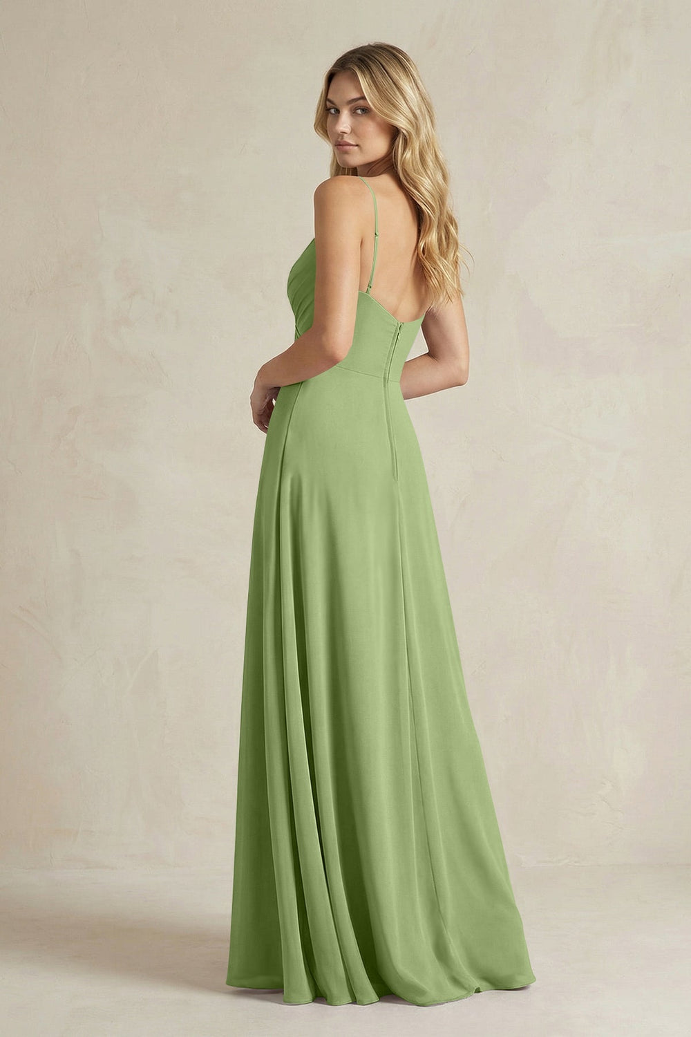 Sheath Cami Strap Ruched Chiffon Bridesmaid Dress in Matcha - KISS BRIDAL Bridesmaid Dresses