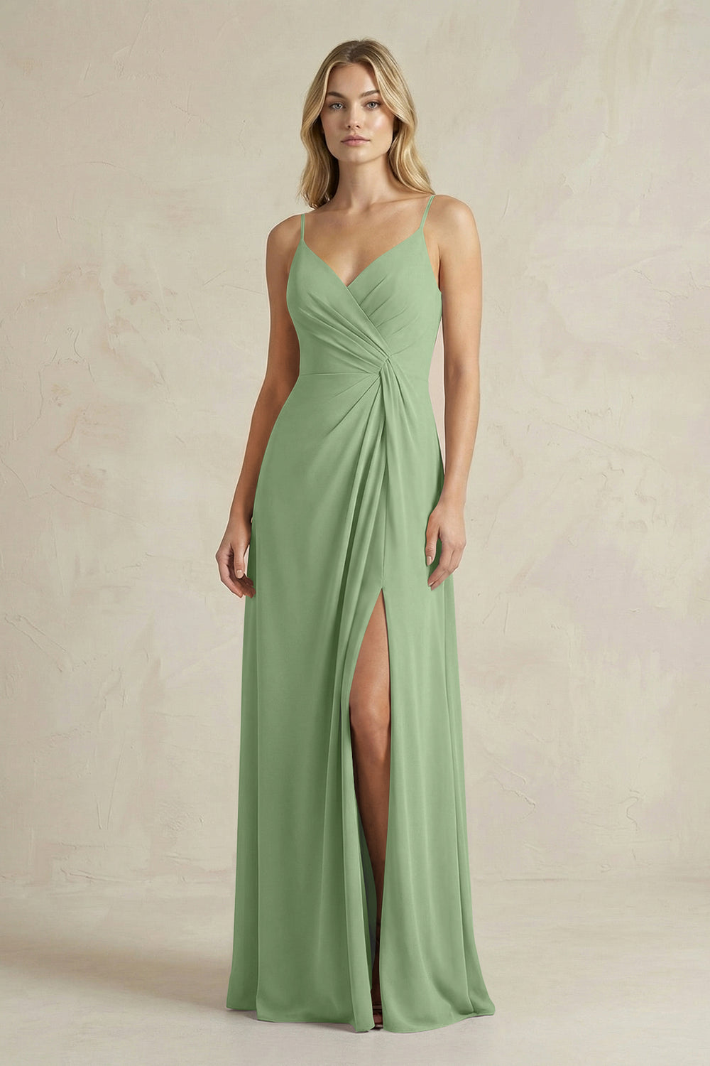 Sheath Cami Strap Ruched Chiffon Bridesmaid Dress in Matcha