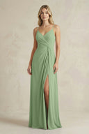 Sheath Cami Strap Ruched Chiffon Bridesmaid Dress in Matcha | KISSBRIDAL