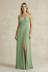 Sheath Cami Strap Ruched Chiffon Bridesmaid Dress in Matcha | KISSBRIDAL