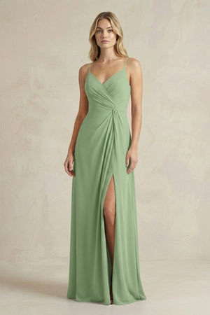 Sheath Cami Strap Ruched Chiffon Bridesmaid Dress in Matcha | KISSBRIDAL