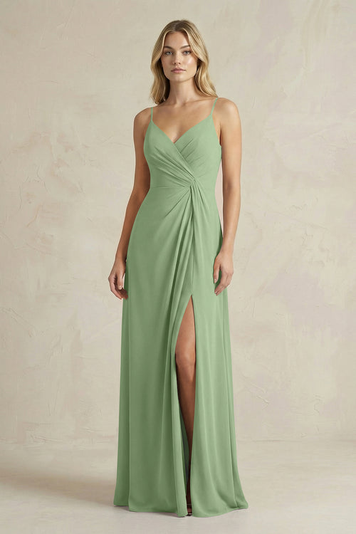 Sheath Cami Strap Ruched Chiffon Bridesmaid Dress in Matcha | KISSBRIDAL